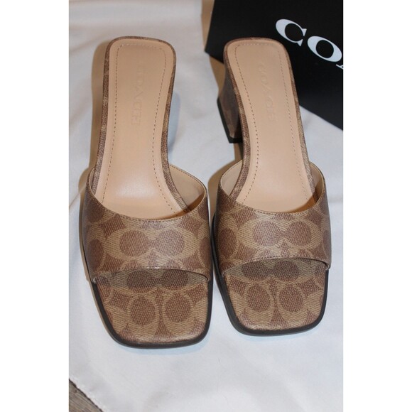 Coach Sculpted C Block Heel In Signature Canvas TAN NIB - Picture 5 of 8